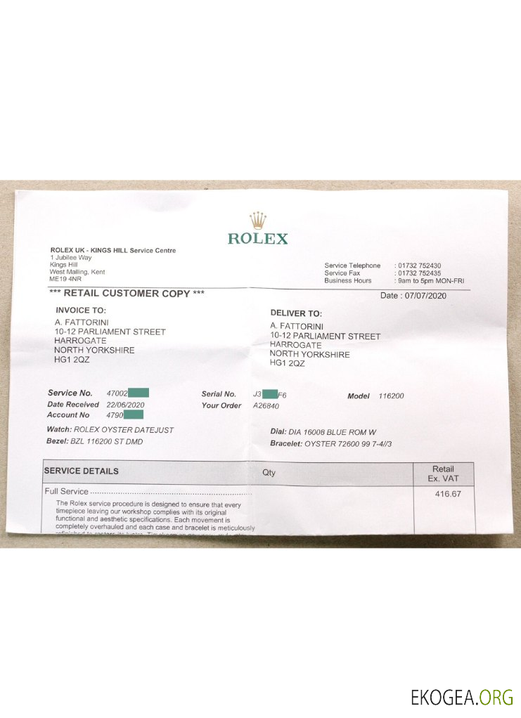 Chèque de paiement de la société Rolex